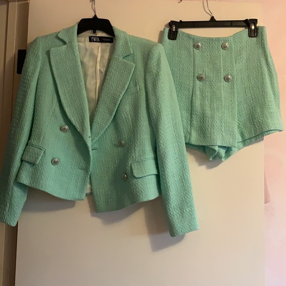 Zara Mint Green / Blue Tweed Blazer and Skort Set - Picture 3 of 9